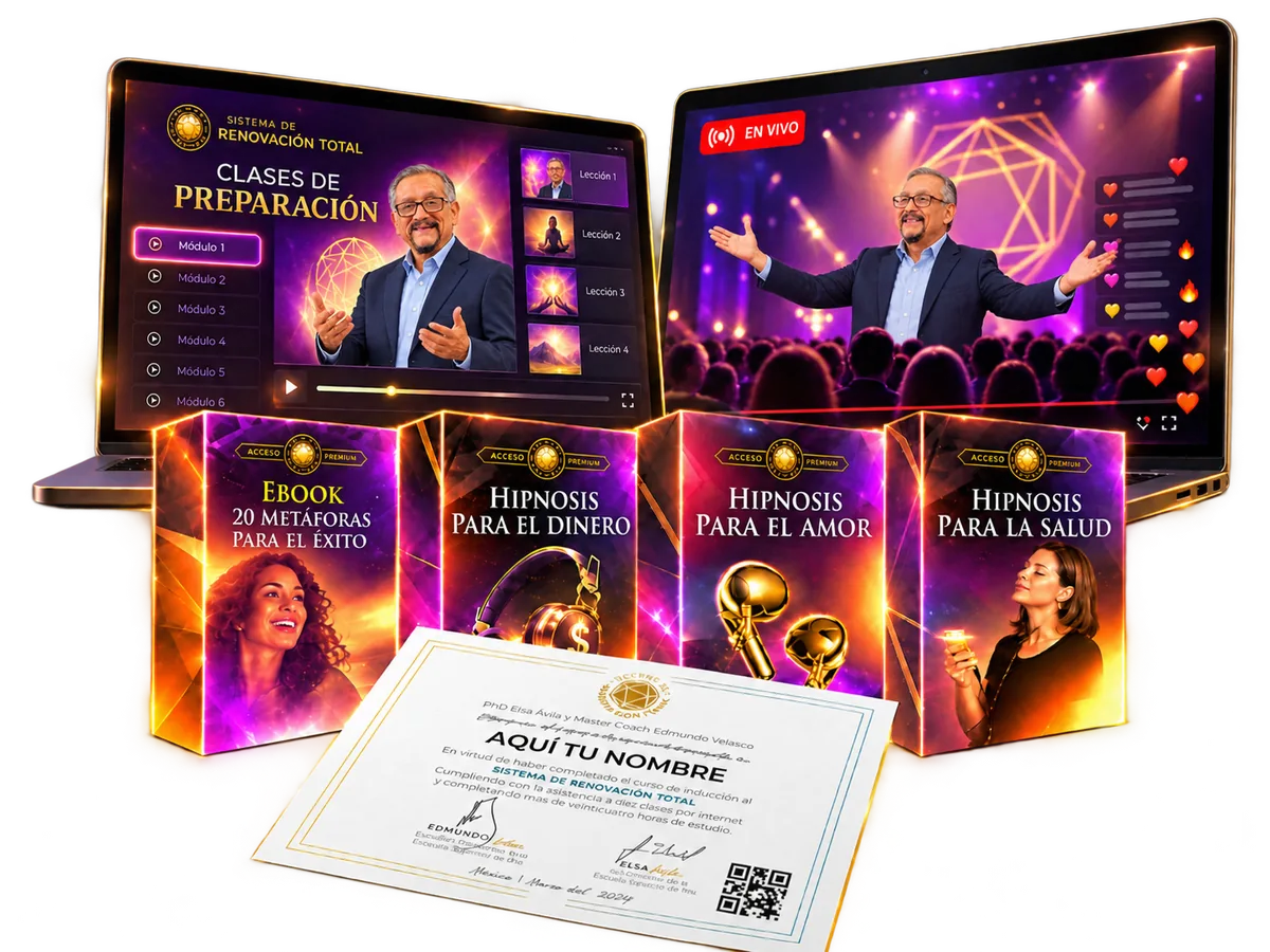Clases de preparación, en vivo, ebook 20 metáforas para el éxito, hipnosis para el dinero, el amor y la salud, y diploma